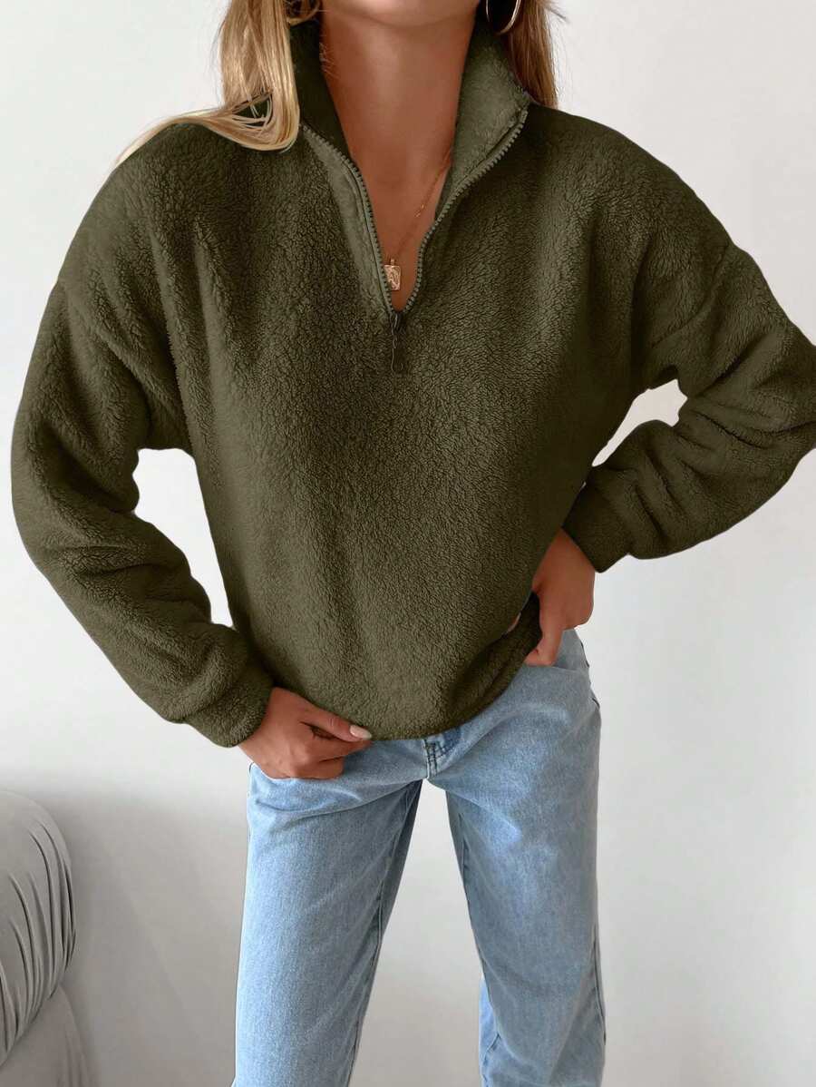 RueChic Của phụ nữ Màu thuần Thả vai Đứng cổ áo Sang trọng Áo nỉ - Màu Khaki - Xem 1