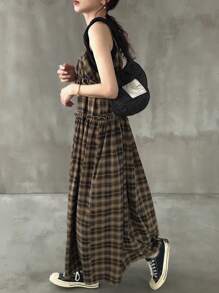 FRIFUL Women's Sleeveless Plaid With Ruffle Patchwork Loose Long Casual Dress Plaid Dress Women Brown Plaid Dress Long Plaid Dress Grunge Dress