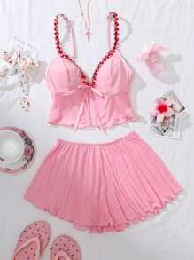 PetitDoll Set de 2 piezas Lencería de malla con bordado floral decorativo para mujer, estilo Kawaii