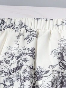 SHEIN LUNE 2pcs Women Summer Ink Print Sleeveless Halter Blouse & Mini Skirt Set