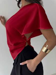 Firerie Women Modest Asymmetrical Neck Blouse, Casual Elegant Office And Wedding Guest, Spring/Summer, Asymmetric Ruched Hem Textured Fabric Red Top - Burgundy - View 8