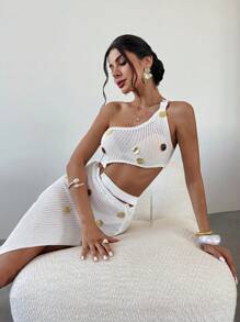 Firerie 女式纯色钩针不对称肩部镂空开叉针织毛衣裙 - 粉色 - 查看 7