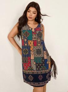 SHEIN LUNE 加大码夏季连衣裙女式花卉印花O形环连接无袖度假连衣裙女士沙滩装波西米亚风商务休闲舒适修身休闲风 - 彩色 - 查看 6