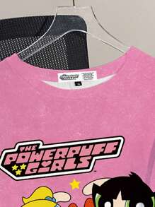 THE POWERPUFF GIRLS X SHEIN Plus Size Loose Fit Crew Neck Short Sleeve Pink T-Shirt, Casual Cartoon Cute Blossom Bubbles Buttercup Star Print Pattern, Comfortable For Summer Suitable For Going Out - White - View 3