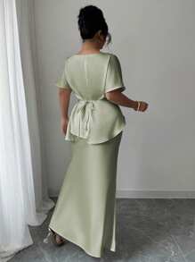 Elenzga 大码女式春夏法式优雅奢华办公室、约会、通勤休闲度假下午茶 V 领交叉腰鱼尾下摆假两件肩袖长裙，缎面材质，正式