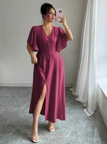Elenzga Plus Size Women's French Elegant V-Neck Button Decorated A-Line Split Flare Sleeve Maxi Dress, Suitable For Work, Casual, Vacation, Afternoon Tea, Boho Style, Spring/Summer
