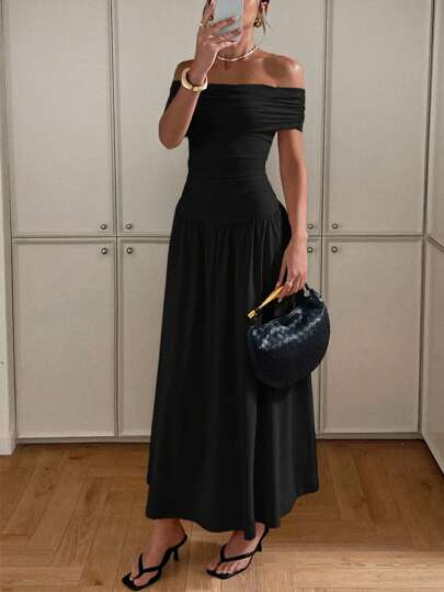 Siren Gaze 女士纯色褶裥露肩优雅连衣裙