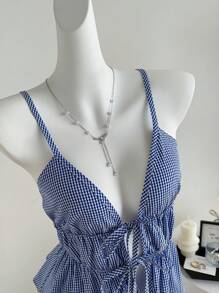 Sweetra Ladies Blue Plaid Drawstring Waist Romantic Vacation Camisole, Summer