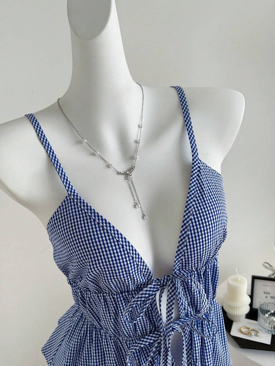 Elamini 女士蓝色格子抽绳腰浪漫度假吊带背心,夏季 - 藍色 - 查看 1