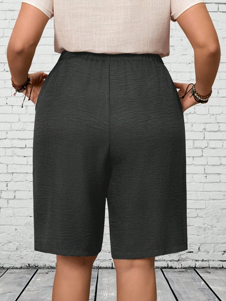 Plus Size Women Casual Solid Color Pocket Drawstring Shorts