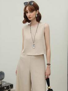 EMERY ROSE Conjunto De Dos Piezas Para Mujer: Chaleco De Cuello Redondo Y Pantalones Anchos De Un Solo Color