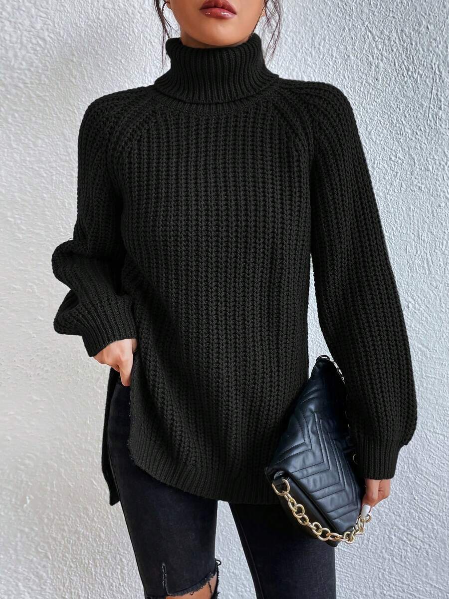 SHEIN Frenchy 秋冬款高领插肩袖开衩下摆毛衣 - 黑色 - 查看 1