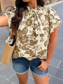 SHEIN Clasi 大码女式印花荷叶边立领短袖休闲/度假衬衫 - 彩色 - 查看 1