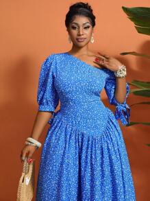 Lunelith SHEIN Lunessa New Arrival Chic Ditsy Floral Asymmetrical Shoulder Women's Long Dress, High-End Style