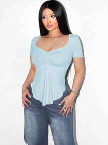 Sirith Foxxy 女式简约纯色休闲方领不对称下摆长袖T恤