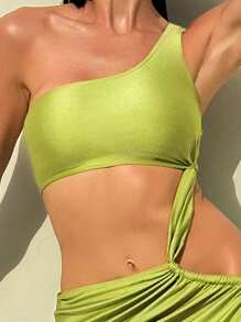 SHEIN Swim Conjunto de 2 piezas glamoroso para el verano: Nuevo vestido largo asimétrico de un hombro con abertura lateral y espalda descubierta, de unicolor, ideal para la playa y vacaciones para mujeres