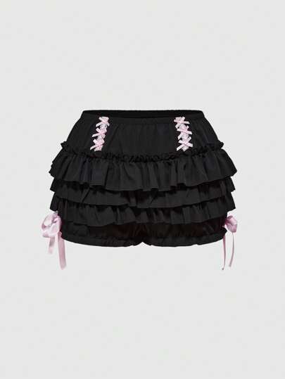 Kawaii Plus Size Kawaii Cute Three-Layer Ruffle Hem Bow Decor Pumpkin Shorts