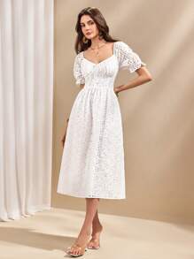 Almamuse Women's Elegant Embroidered Puff Sleeve Dress