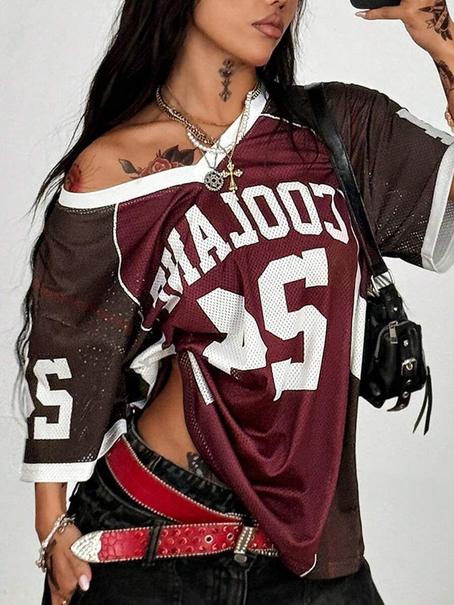Coolane Tricouri de vară pentru femei, streetwear, sport, cu guler în V, baseball, fotbal, roșu, jerseu