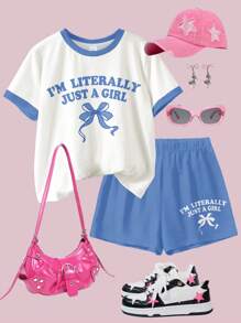 SHEIN Tween Girls Casual Simple Short Sleeve Top And Shorts 2 Pieces Set, Suitable For Summer - Multicolor - View 3