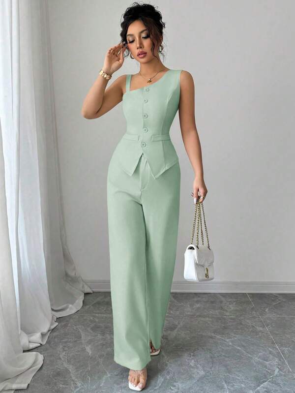 Elenzga Women's 2pcs Sleeveless Button Decor Asymmetrical Shoulder Top And Straight Leg Pants Suit, Spring/Summer