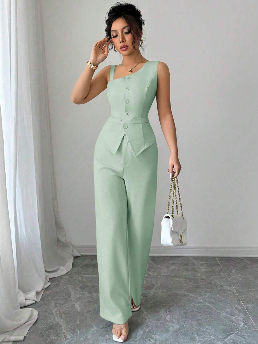 Selianne Women's 2pcs Sleeveless Button Decor Asymmetrical Shoulder Top And Straight Leg Pants Suit, Spring/Summer - Mint Green - View 1
