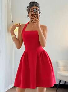 Islaluna 女式法式红色细肩带松紧腰露背短款连衣裙 - 紅色 - 查看 4