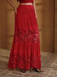 MOTF PREMIUM LINEN CONTRAST LACE SKIRT - Red - View 5