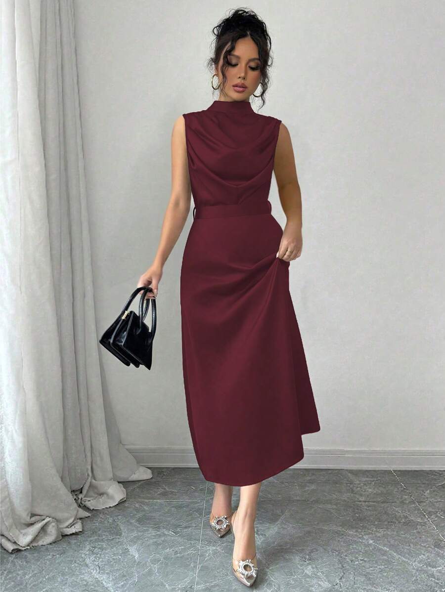 Elenzga Women's Elegant Green Collared Ruched Waist Sleeveless A-Line Dress, Spring/Summer - Red - View 1
