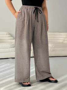 SHEIN EZwear 大码秋冬休闲松紧腰抽绳可调节千鸟格纹图案长裤 - 棕色 - 查看 3