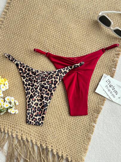 SHEIN Novo biquíni feminino liso + estampa de leopardo 2 peças sexy roupa de banho