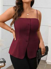 Vionelle 女式法式优雅通勤下午茶派对前扣下摆开叉吊带背心，春夏季 - 紫紅色 - 查看 3