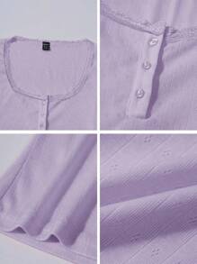 Chiquease Cute Lace Trim Short Sleeve T-Shirt For Women, Slim Fit 3-Button Design Casual Tee Tops For Summer