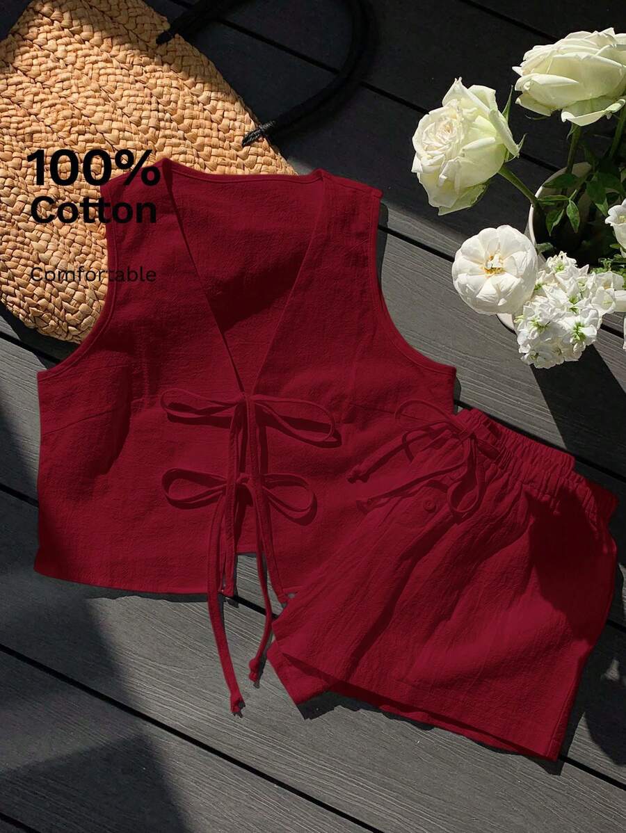 Comfortcana 2件套女士勃艮第红系带短款背心和短裤休闲套装 - 酒紅色 - 查看 1