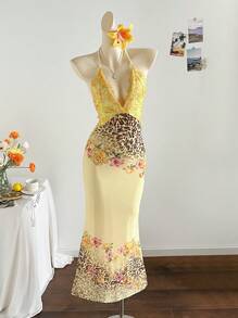 Soleia 度假蕾丝拼布豹纹花卉印花黄色露背鱼尾超长紧身连衣裙