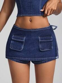 SHEIN ICON Women's Low-Rise Denim Mini Skirt Shorts - Dark Wash - View 1