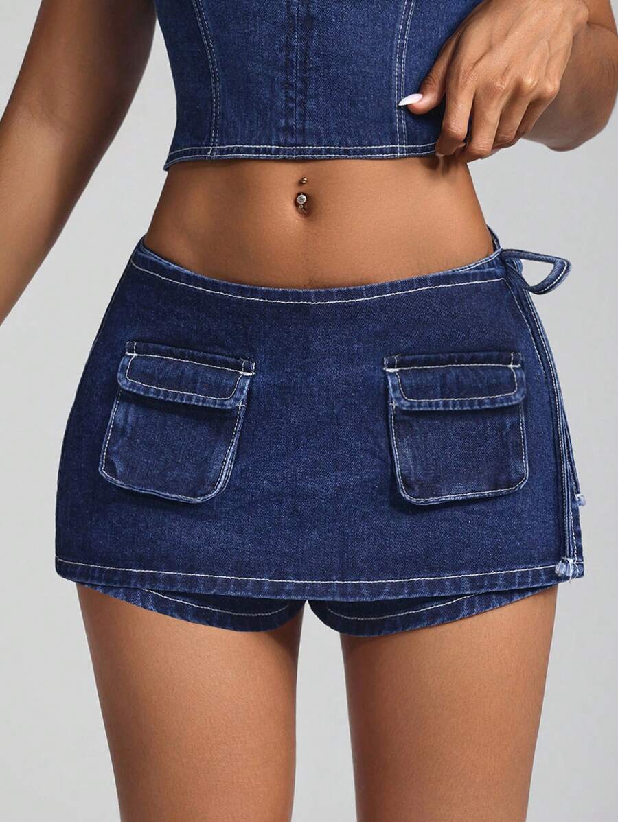 SHEIN ICON Women's Low-Rise Denim Mini Skirt Shorts - Dark Wash - View 1
