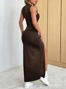 SHEIN EZwear Váy xẻ tà màu nâu rộng rãi thanh lịch dành cho nữ, phong cách thường ngày mùa hè - màu nâu - Xem 2