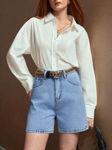 SHEIN Frenchy 夏季休闲水洗牛仔短裤 - 淺色水洗藍 - 查看 6