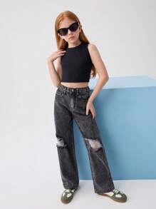 Leap Crew Leap Crew Tween Girls' Spring Summer Boho 2 Pieces Solid Tank Top Vest& Stonewashed Distressed Ripped Denim Straight Leg Jeans Set,Summer Girls Set Clothes Outfits - Black - View 3
