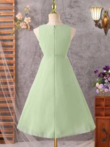 SHEIN Vestido de dama de honor para boda o fiesta, de unicolor con volantes en el dobladillo, para niñas - Verde - Ver 8