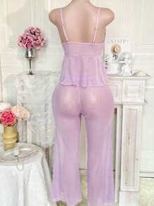 2pcs Purple Butterfly Mesh Sheer Decor Lingerie Set With Wide Leg Pants, Sexy Sleepwear For Women For Going Out - Purple - View 7