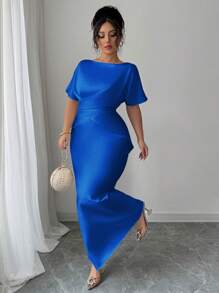 Elenzga 大码女式春夏优雅法式时尚奢华办公室、约会、通勤、休闲、度假、下午茶 V 领交叉腰鱼尾下摆二合一短袖缎面正式长裙