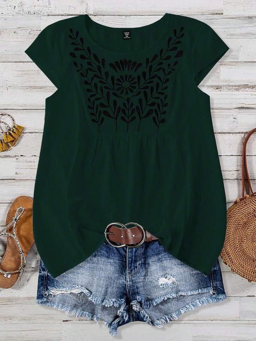 EMERY ROSE Plus Size Women Floral Embroidery Crew Neck Batwing Casual Holiday Top - Dark Green - View 1