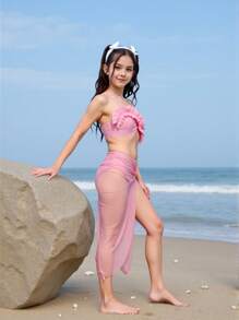 Bộ đồ bơi lưới màu hồng xếp ly thời trang và thanh lịch cho bé gái thích hợp cho kỳ nghỉ ở bãi biển - Hồng - Xem 5
