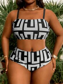 Slaydiva Plus Size Women Geometric Print Bandeau Top With High Waist 2 PiecesPant Set, Summer Beach Holiday,Vacation Outfits Woman - Black and White - View 5
