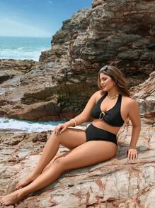 Swim Lushoire 加大码女式纯色不对称系带后背吊带比基尼上衣和三角泳裤两件套泳衣套装，适合海滩、泳池、度假