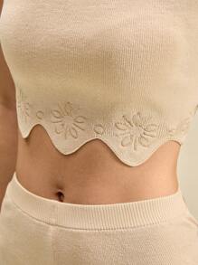 Muvela Stylish Knit Crop Top And Shorts Set For Women Apricot Scalloped Knitwear Outfit