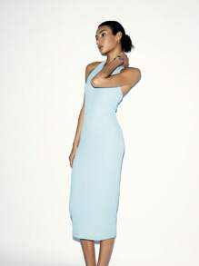 SHEIN LUNE Solid Color Textured Neck-Tie Bodycon Sexy Modern Halter Dress For Women - Blue - View 4