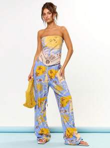 MUSERA Solar Printed Longline Strapless Bandeau Top Summer Vacation Holiday Festival Cute Casual Elegant Tuscan Sun